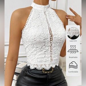 White Lace Halter Crop Top by